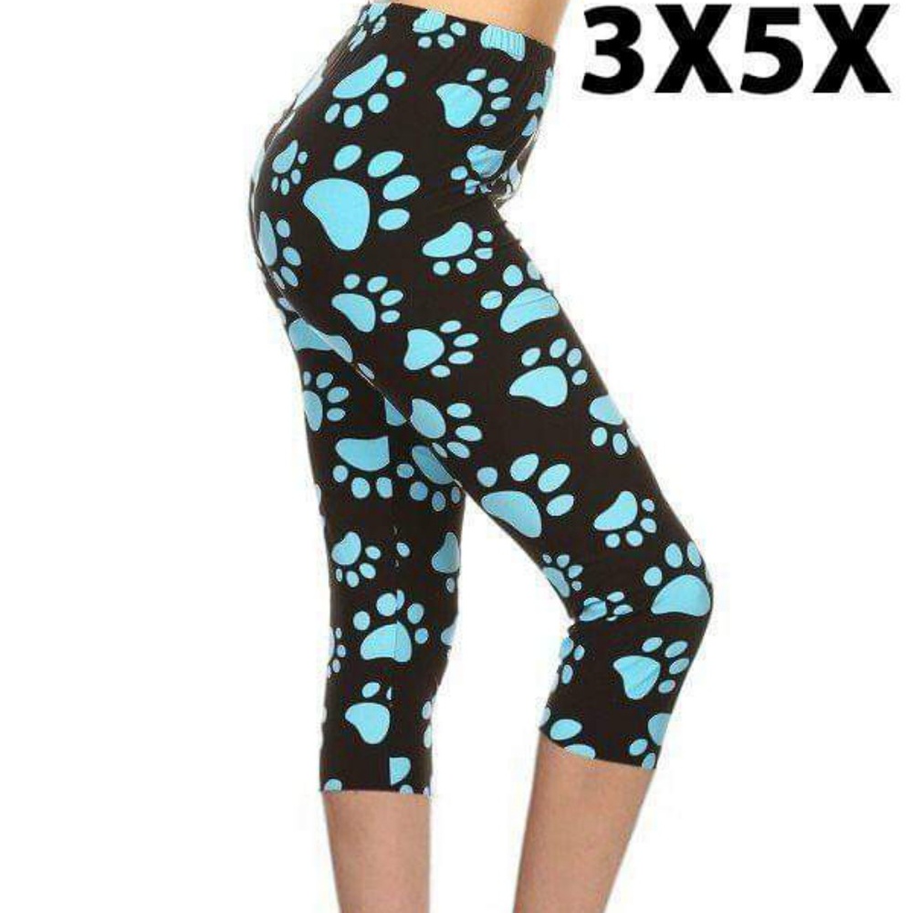 Extra Plus/Queen Teal/Blue Paw Print Capri Leggings